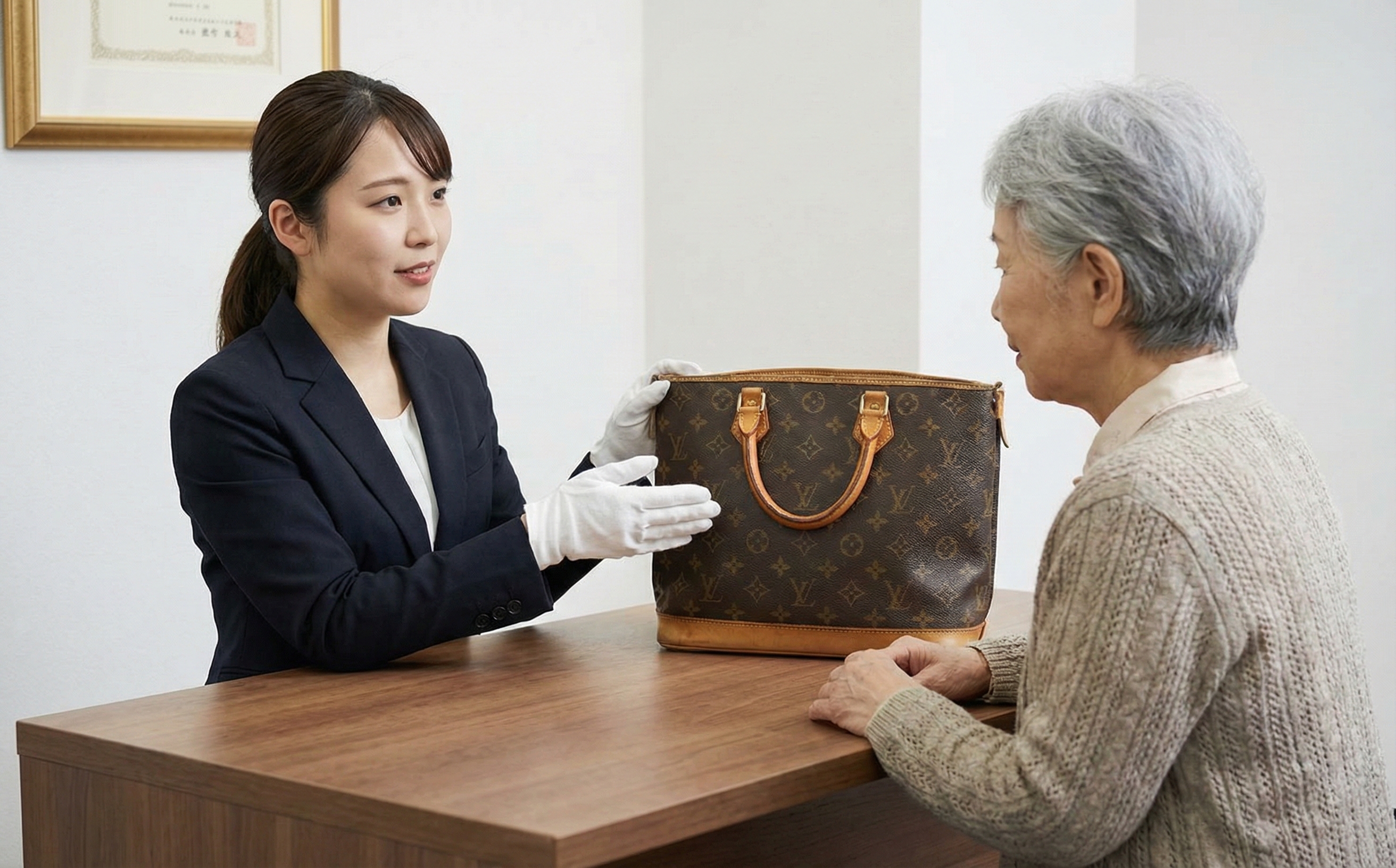 お客様と対面で丁寧にお品物を査定している様子